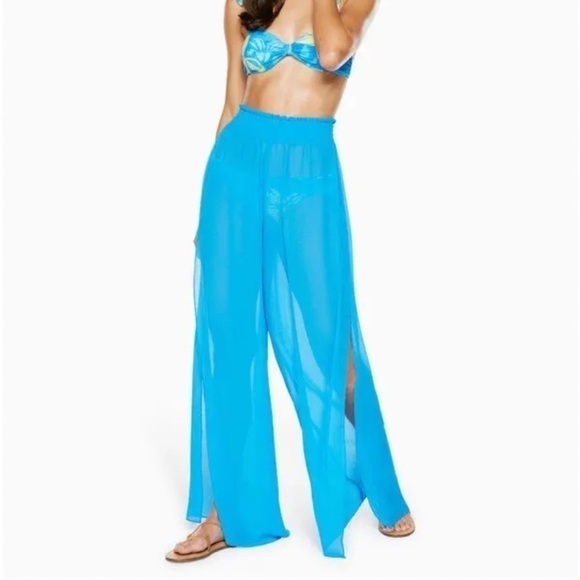 NWT Ramy Brook Textured Athena Palazzo Pant Swim Coverup Blue Pull On Medium - Picture 1 of 9